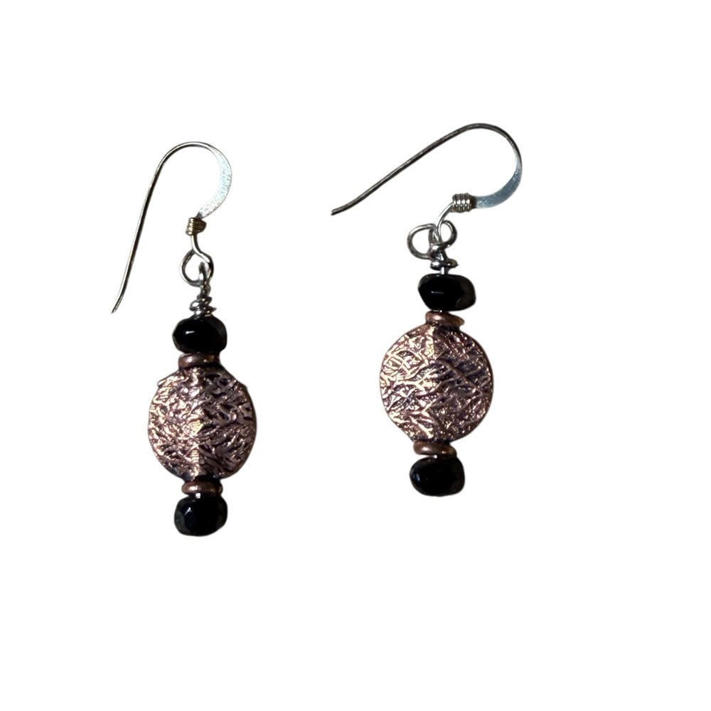 NWT Handcrafted Copper and Black Oynx Earrings with Sterling Silver Ear Wires